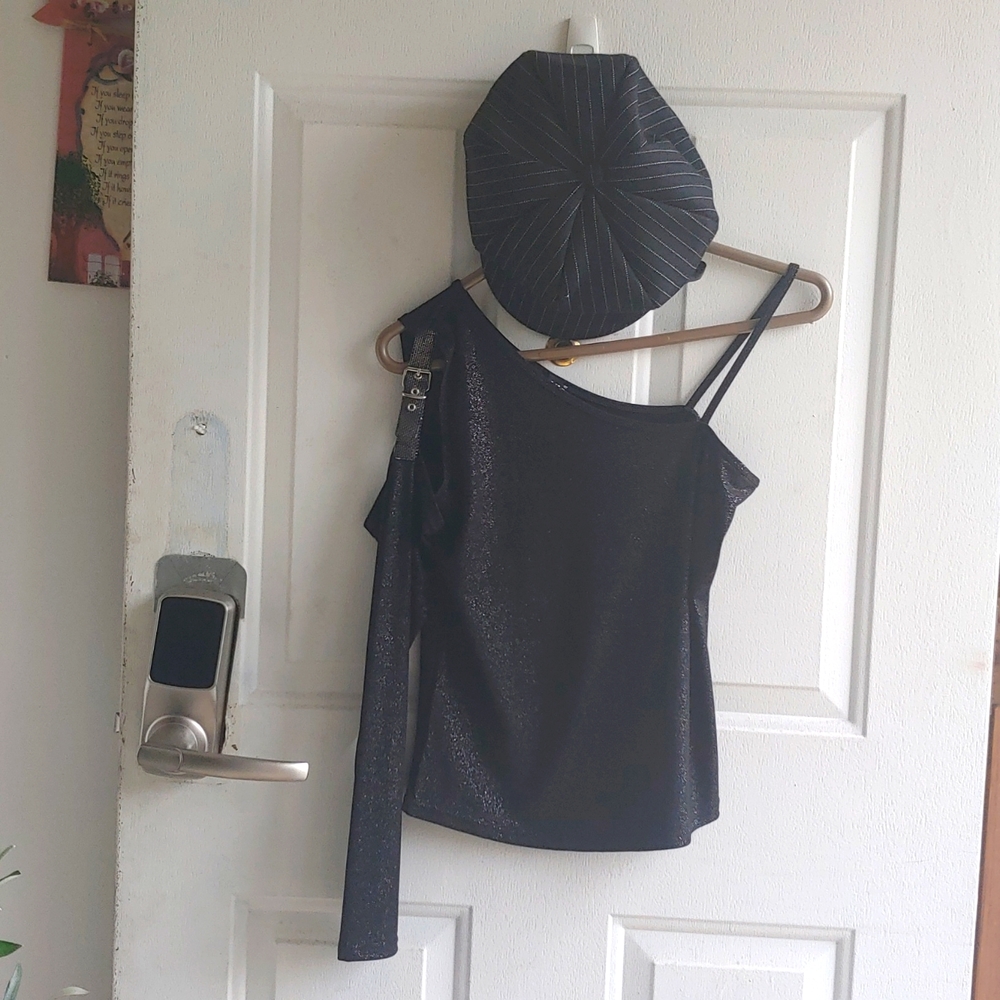 Asymmetrical Glittery Club Top with Pinstripe Hat - Picture 1 of 3